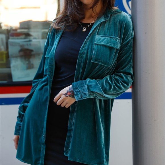 Teal Corduroy Velvet Oversized Shirt - Picture 2 of 7